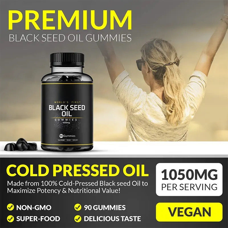 OEM aangepast Immuunondersteunende gewrichten Vertering Huid Glow Haar Nagels Huid Zwarte zaadolie Gummies