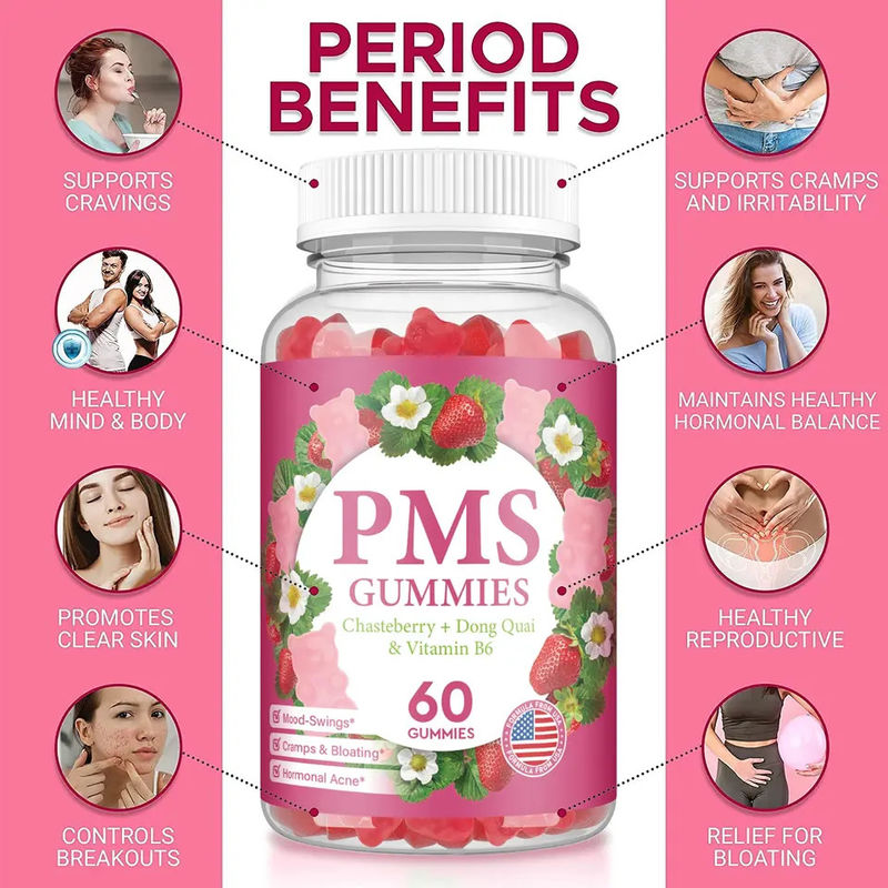 Suikervrije kauwgummieren om de menstruatie te verlichten Hormoonbalans PMS kauwgummieren om de menstruatiepijn van vrouwen te verlichten PMS-ondersteunende kauwgummieren