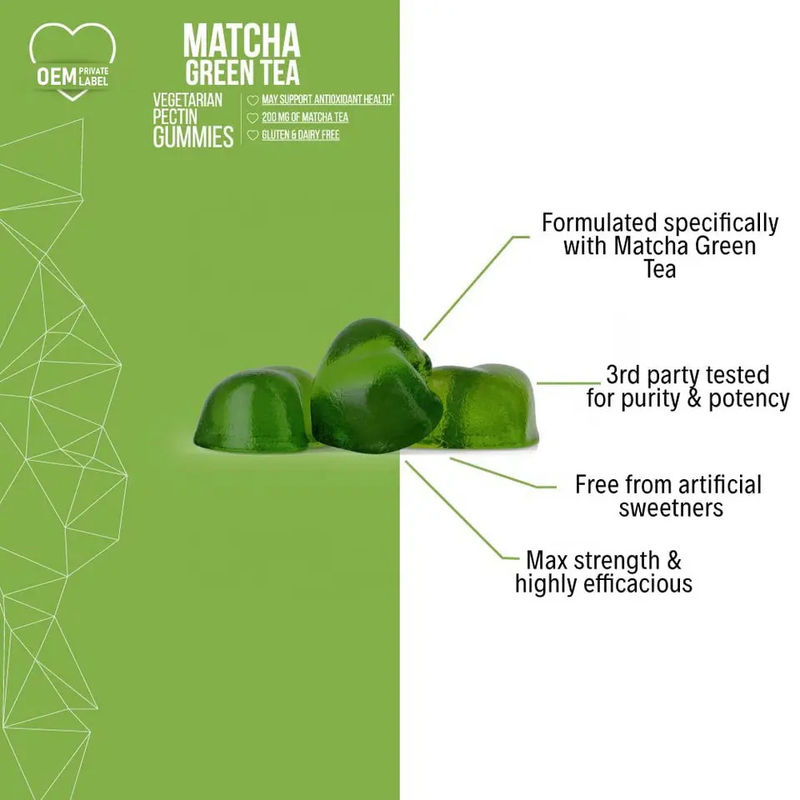 Organic Matcha Gummy voor gezonde spijsvertering&antioxidant ondersteuning Vegan Matcha Groene Thee Gummy voor detox & reinigen en genezen