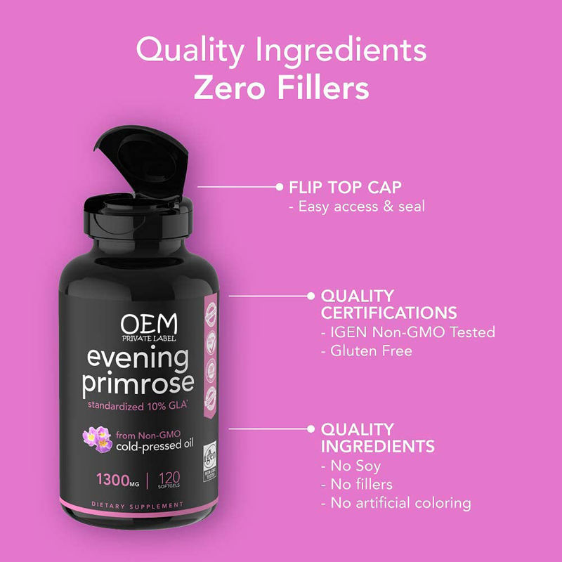 Oem Private Label Evening Primrose Oil Soft Capsules voor vrouwen Gezondheid Hormoonondersteuning Pms Ondersteuning En Huid Vitaliteit Supp